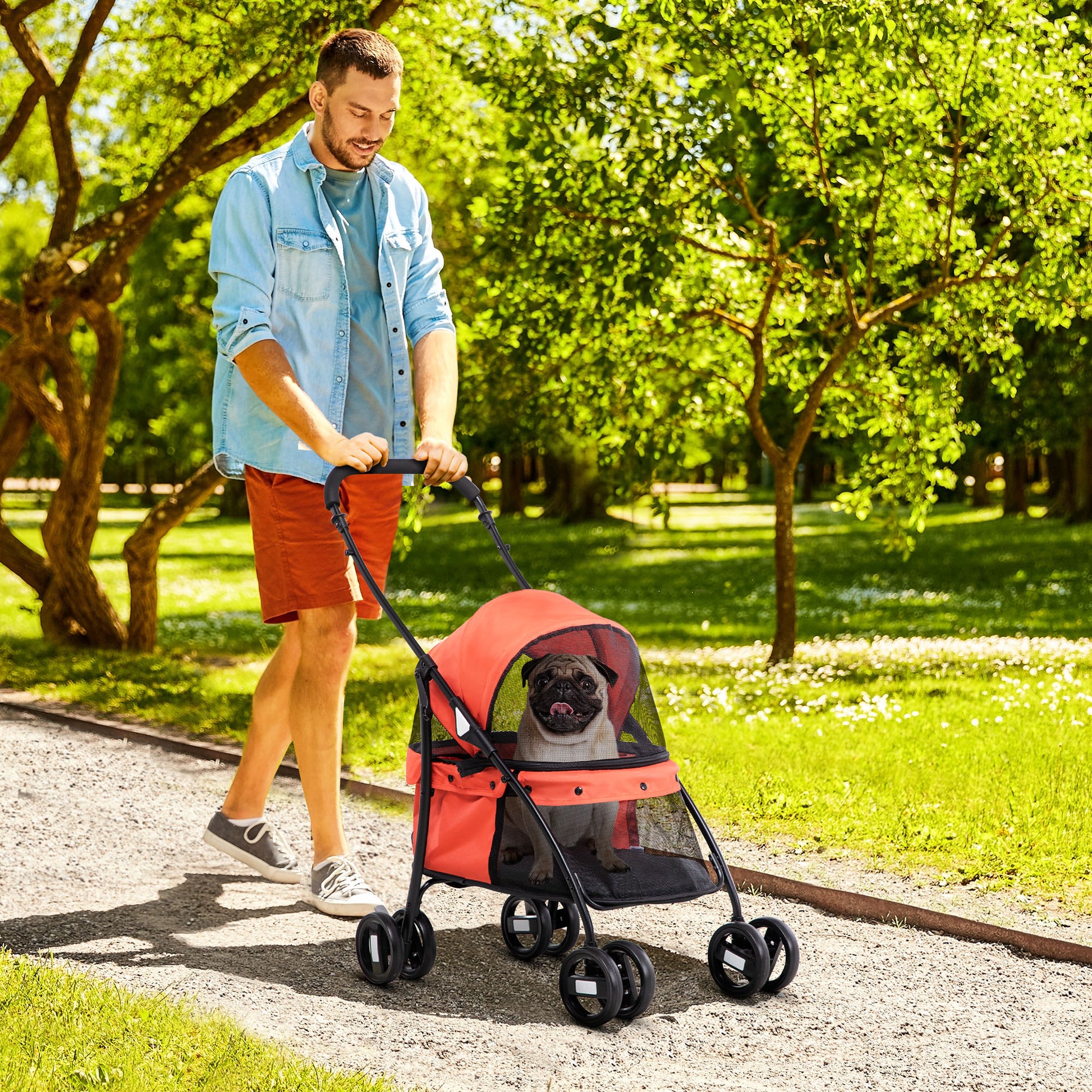 Folding Pet Stroller for Small Dogs with Mesh Windows Washable Cushion Safety Straps Steel Frame Holds 15 kg Red
