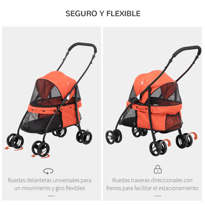 Folding Pet Stroller for Small Dogs with Mesh Windows Washable Cushion Safety Straps Steel Frame Holds 15 kg Red