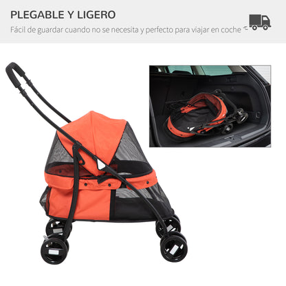 Folding Pet Stroller for Small Dogs with Mesh Windows Washable Cushion Safety Straps Steel Frame Holds 15 kg Red