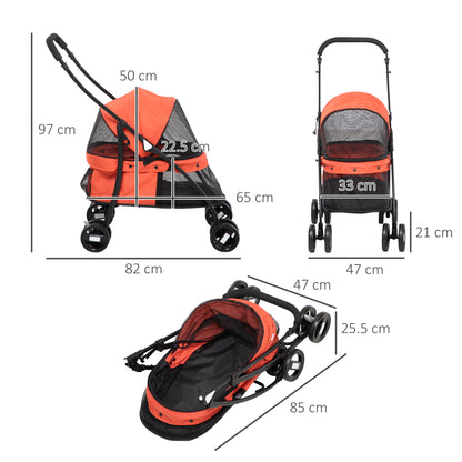 Folding Pet Stroller for Small Dogs with Mesh Windows Washable Cushion Safety Straps Steel Frame Holds 15 kg Red