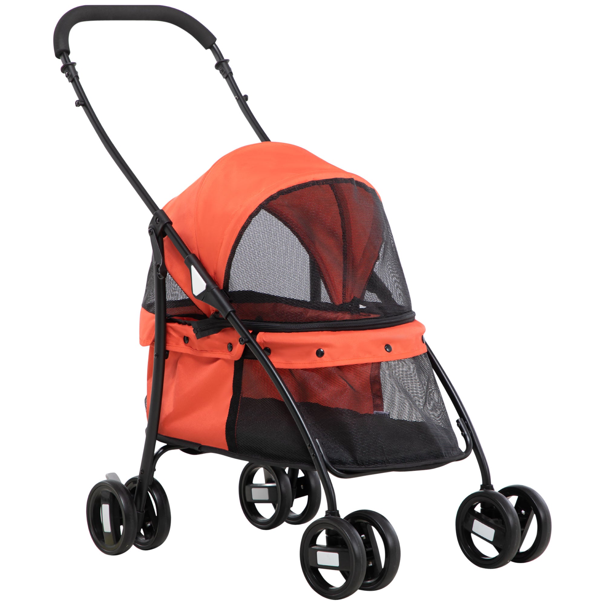 Folding Pet Stroller for Small Dogs with Mesh Windows Washable Cushion Safety Straps Steel Frame Holds 15 kg Red