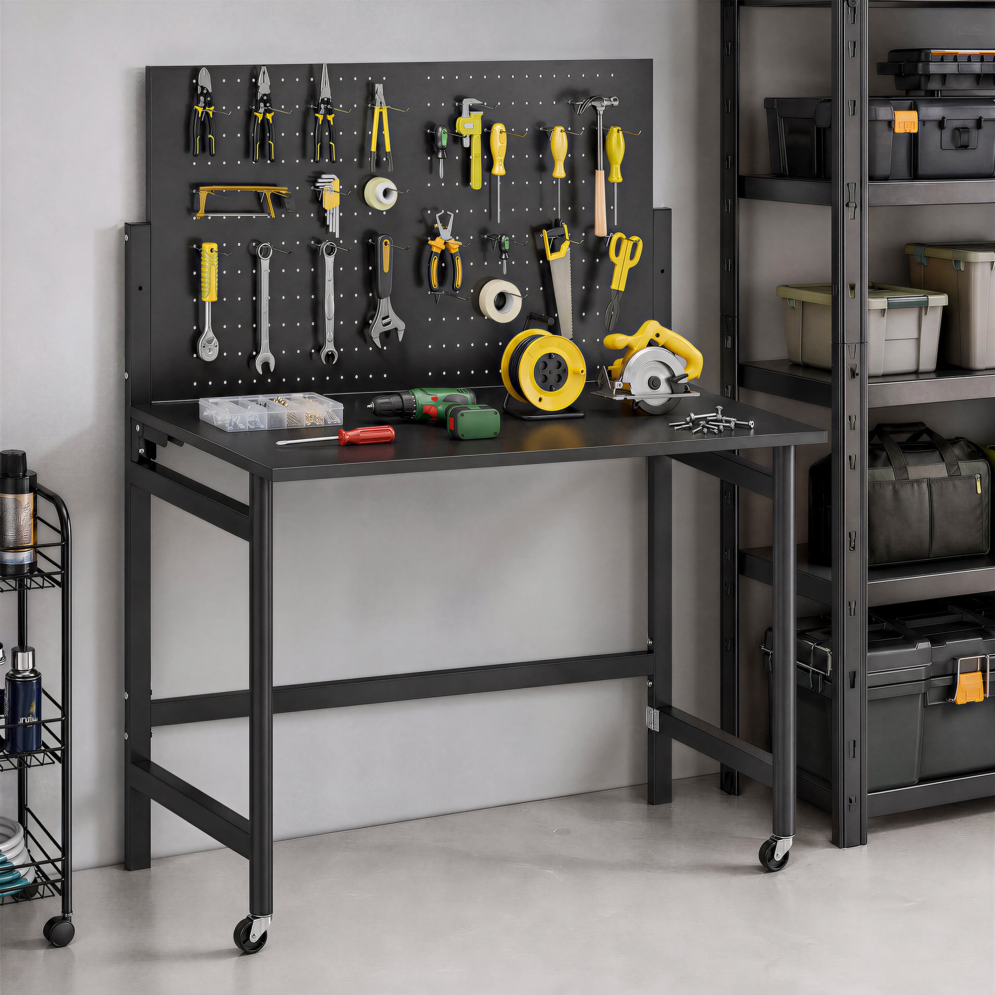 Folding Workshop Workbench on Casters, 45.3 x 24.4 x 56.5 in, Worktop with Pegboard & 12 Hooks, Thick MDF Top, Steel Frame, 265 lb Capacity, Black