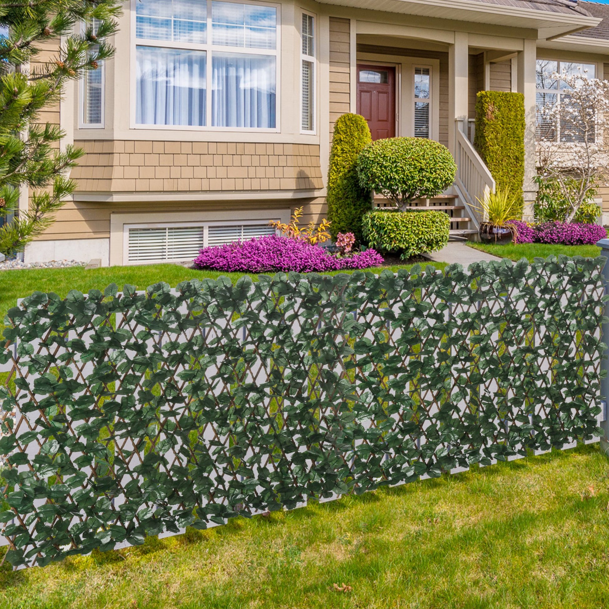Expandable 2-Piece Trellis Fence with Artificial Leaves 295x70 cm Wicker Extendable Lattice Privacy Screen for Garden Green