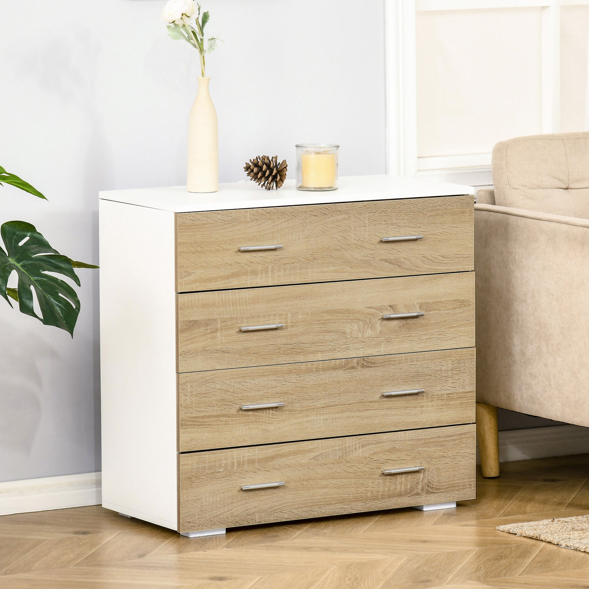 Chest of Drawers with 4 Drawers Modern Auxiliary Storage Cabinet for Bedroom Hallway Living Room 76x35x72 cm Oak and White Finish