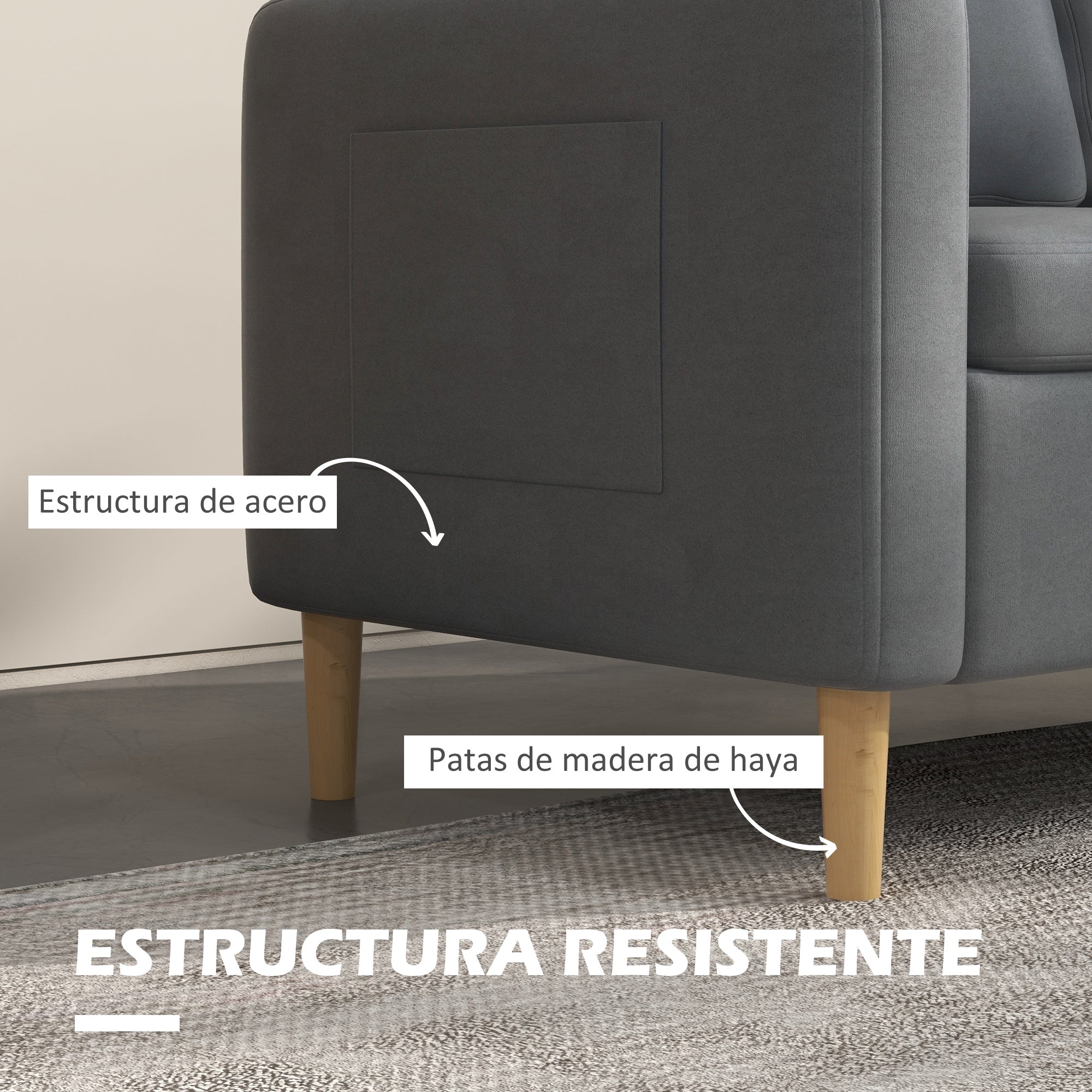 2-Seater Sofa Modern Upholstered in Polyester with 2 Side Pockets Armrests and Wooden Legs for Bedroom Office Load 200 kg 143x76x83 cm Gray