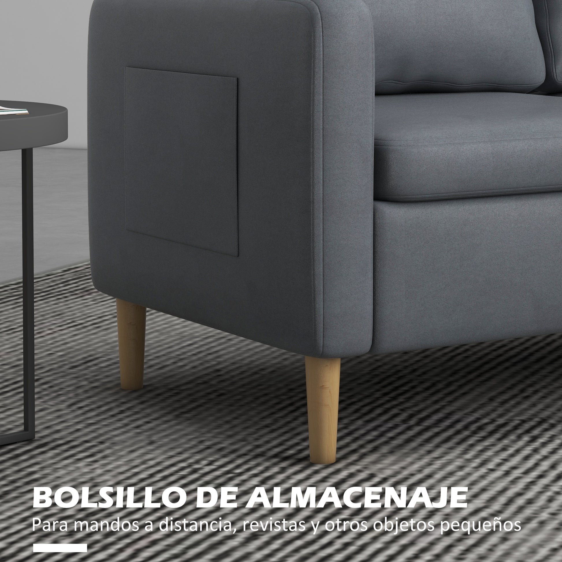 2-Seater Sofa Modern Upholstered in Polyester with 2 Side Pockets Armrests and Wooden Legs for Bedroom Office Load 200 kg 143x76x83 cm Gray