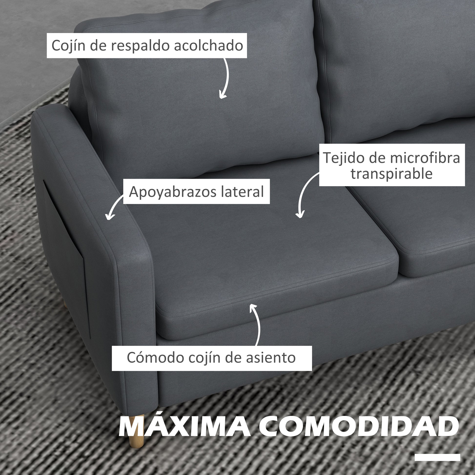 2-Seater Sofa Modern Upholstered in Polyester with 2 Side Pockets Armrests and Wooden Legs for Bedroom Office Load 200 kg 143x76x83 cm Gray