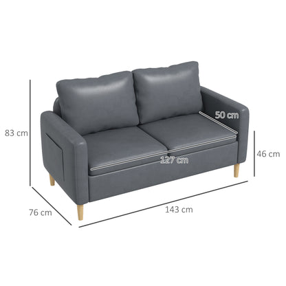 2-Seater Sofa Modern Upholstered in Polyester with 2 Side Pockets Armrests and Wooden Legs for Bedroom Office Load 200 kg 143x76x83 cm Gray