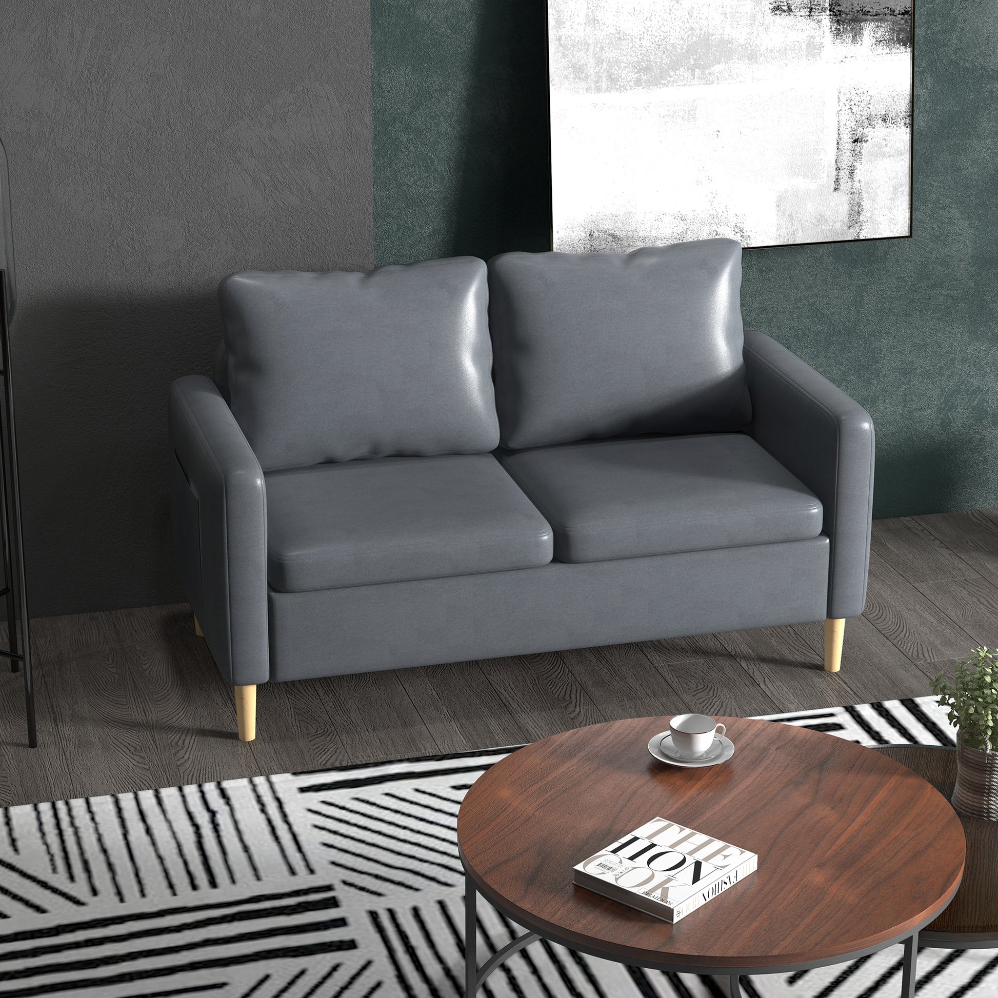 2-Seater Sofa Modern Upholstered in Polyester with 2 Side Pockets Armrests and Wooden Legs for Bedroom Office Load 200 kg 143x76x83 cm Gray