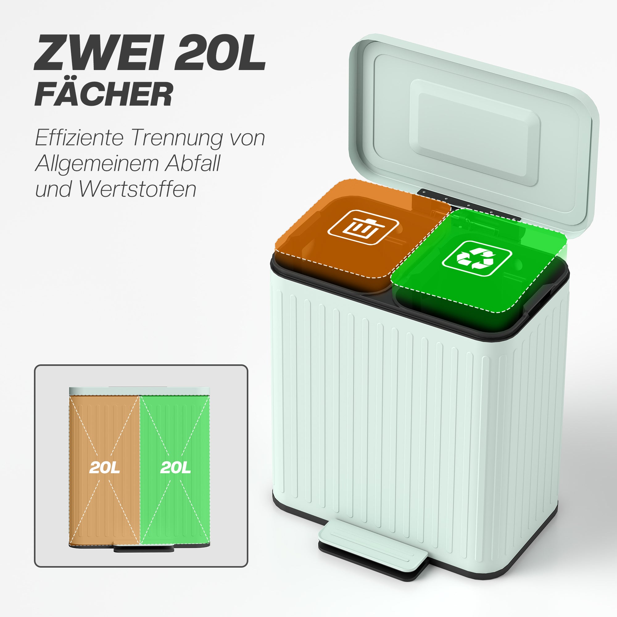 40L Dual-Compartment Pedal Trash Can — 2 x 20L Recycling System, Soft-Close Lid, Stay-Open Function, Removable Inner Buckets — Green