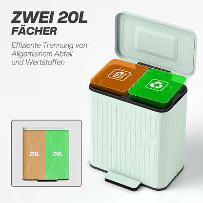 40L Dual-Compartment Pedal Trash Can — 2 x 20L Recycling System, Soft-Close Lid, Stay-Open Function, Removable Inner Buckets — Green