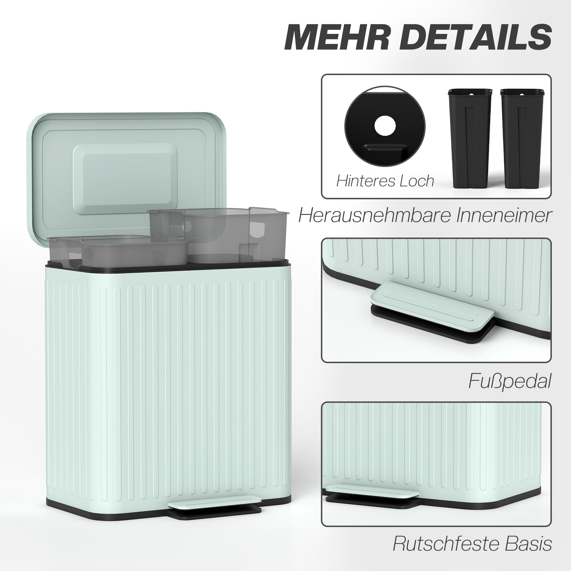 40L Dual-Compartment Pedal Trash Can — 2 x 20L Recycling System, Soft-Close Lid, Stay-Open Function, Removable Inner Buckets — Green