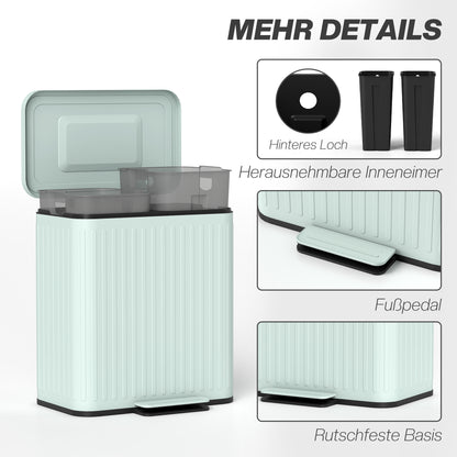 40L Dual-Compartment Pedal Trash Can — 2 x 20L Recycling System, Soft-Close Lid, Stay-Open Function, Removable Inner Buckets — Green
