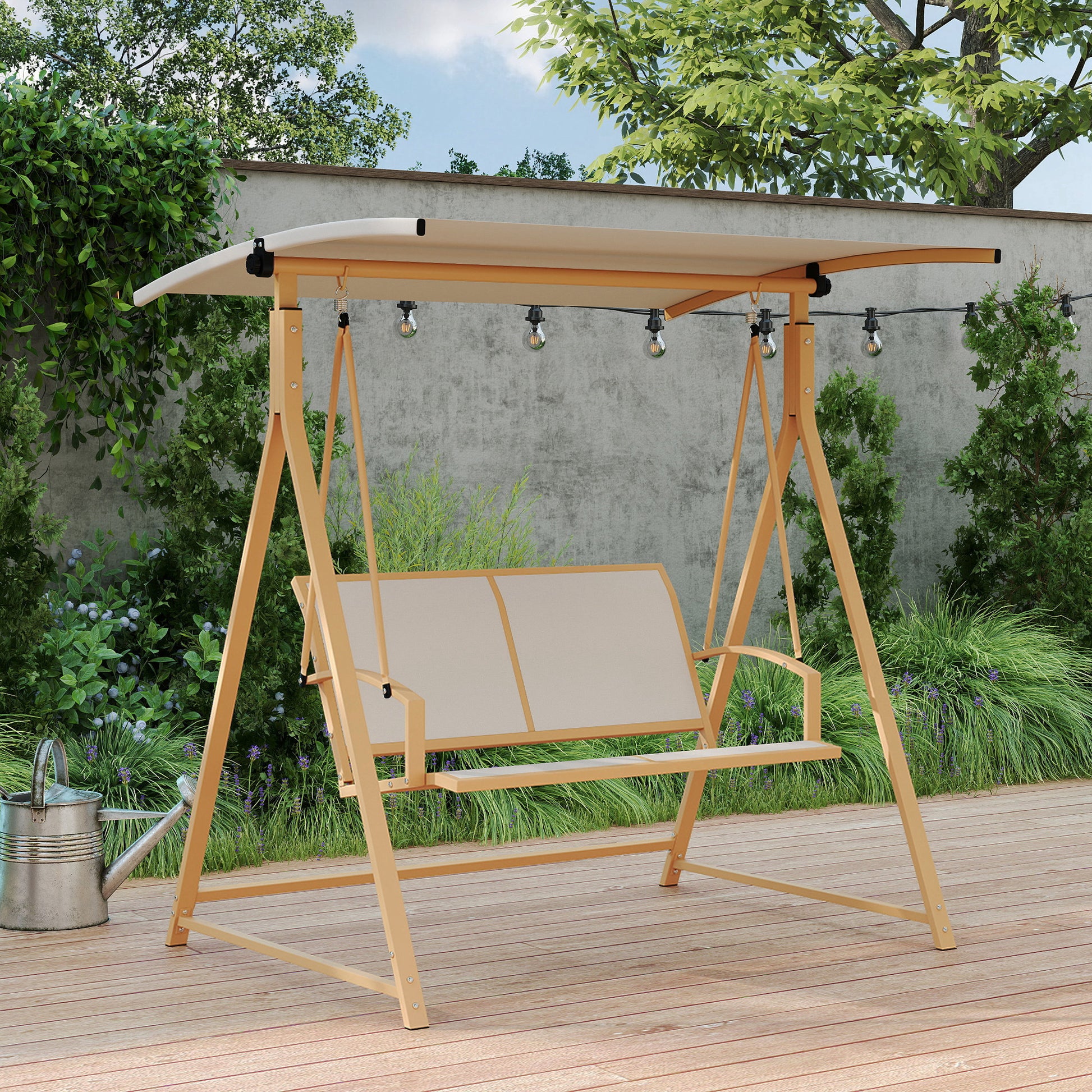 2-Seater Outdoor Garden Swing with Adjustable Canopy, UV Protection 30+, Triangular Metal Frame, Load Capacity 220 kg, 160x112x162 cm Khaki