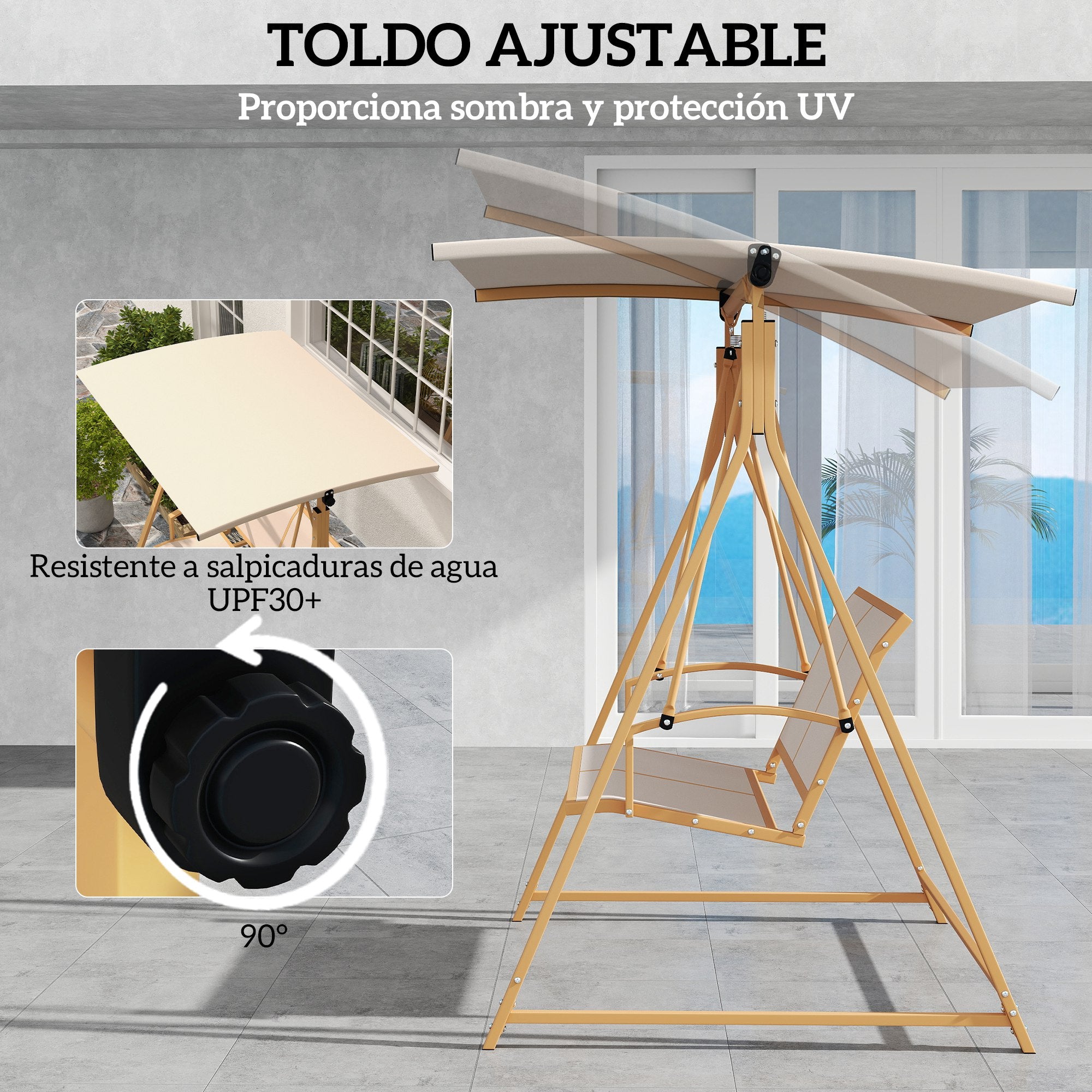 2-Seater Outdoor Garden Swing with Adjustable Canopy, UV Protection 30+, Triangular Metal Frame, Load Capacity 220 kg, 160x112x162 cm Khaki