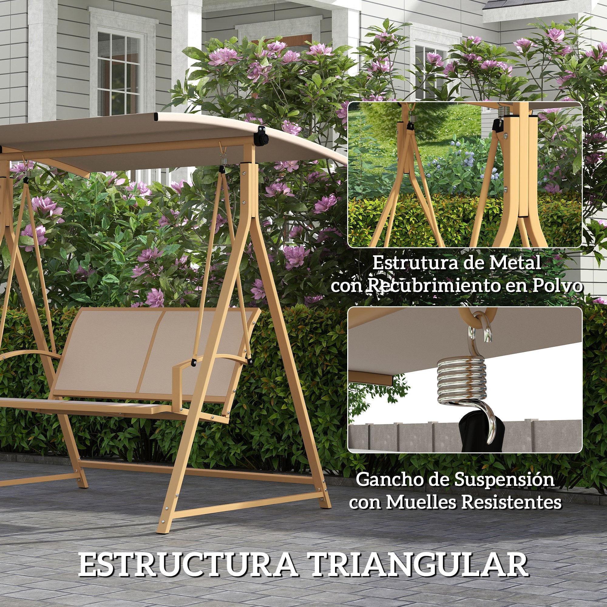 2-Seater Outdoor Garden Swing with Adjustable Canopy, UV Protection 30+, Triangular Metal Frame, Load Capacity 220 kg, 160x112x162 cm Khaki