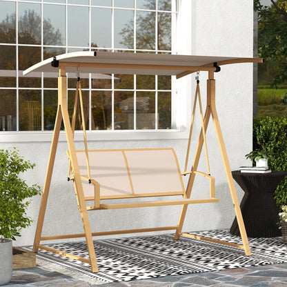 2-Seater Outdoor Garden Swing with Adjustable Canopy, UV Protection 30+, Triangular Metal Frame, Load Capacity 220 kg, 160x112x162 cm Khaki