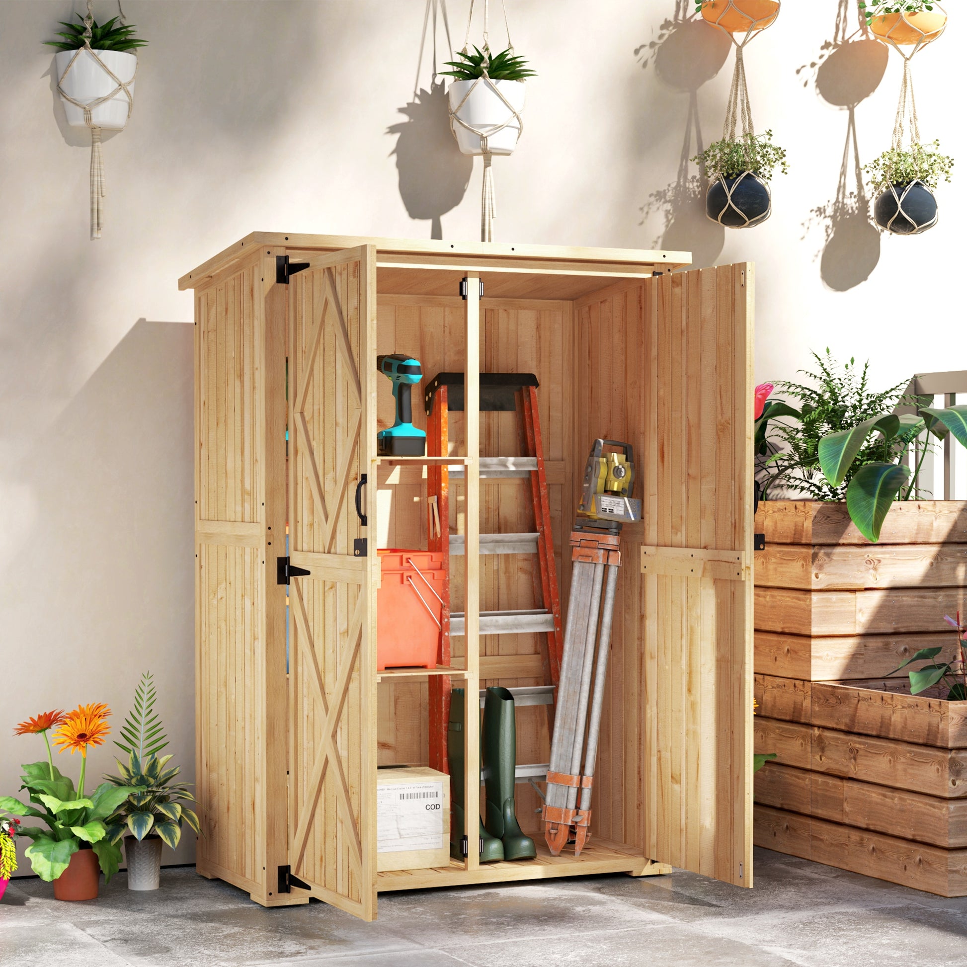 Garden Cabinet Wood, Tool Shed with Lockable Double Door Asphalt Roof Shelf 116.5x57x167cm, Weatherproof Tool Cabinet, Tool Shed for Garden, Terrace, Natural Wood