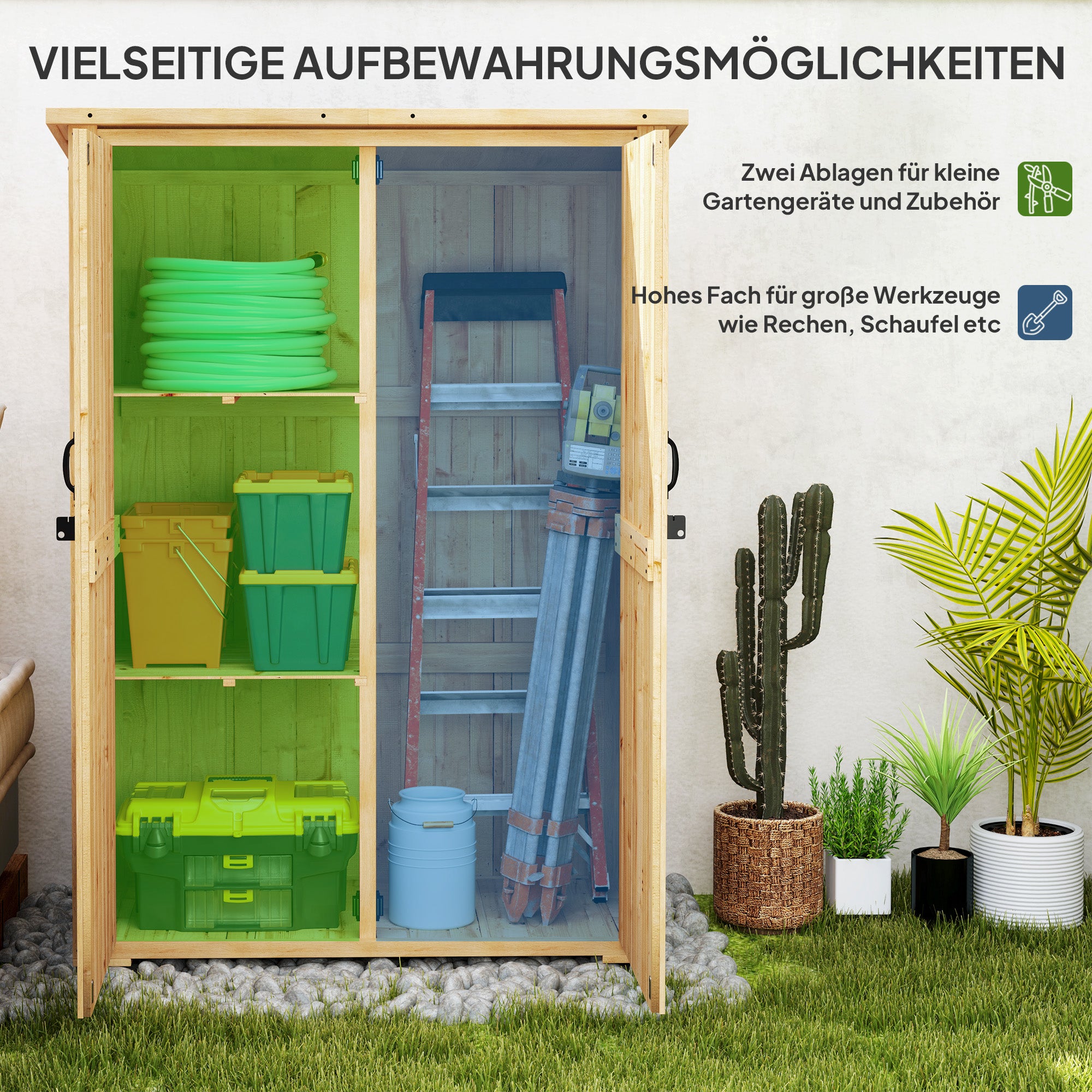 Garden Cabinet Wood, Tool Shed with Lockable Double Door Asphalt Roof Shelf 116.5x57x167cm, Weatherproof Tool Cabinet, Tool Shed for Garden, Terrace, Natural Wood