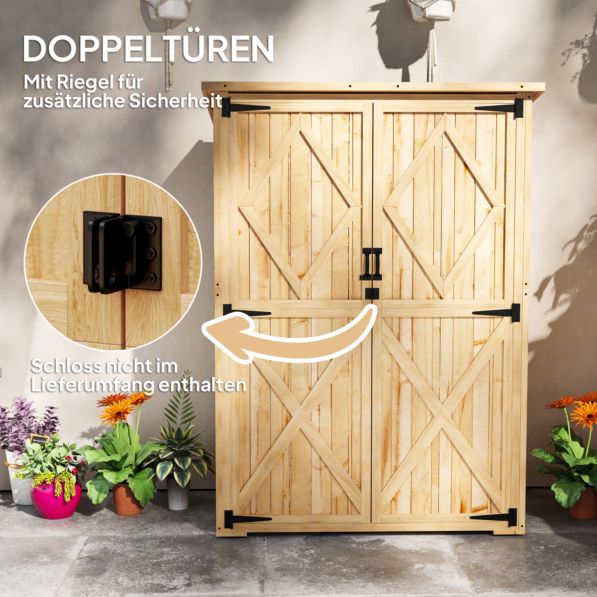 Garden Cabinet Wood, Tool Shed with Lockable Double Door Asphalt Roof Shelf 116.5x57x167cm, Weatherproof Tool Cabinet, Tool Shed for Garden, Terrace, Natural Wood