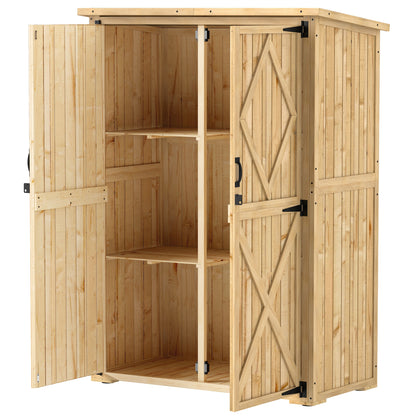 Garden Cabinet Wood, Tool Shed with Lockable Double Door Asphalt Roof Shelf 116.5x57x167cm, Weatherproof Tool Cabinet, Tool Shed for Garden, Terrace, Natural Wood