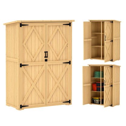 Garden Cabinet Wood, Tool Shed with Lockable Double Door Asphalt Roof Shelf 116.5x57x167cm, Weatherproof Tool Cabinet, Tool Shed for Garden, Terrace, Natural Wood