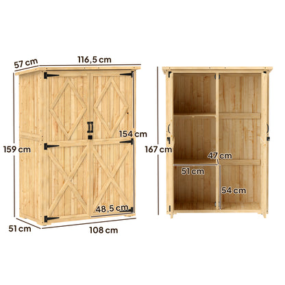 Garden Cabinet Wood, Tool Shed with Lockable Double Door Asphalt Roof Shelf 116.5x57x167cm, Weatherproof Tool Cabinet, Tool Shed for Garden, Terrace, Natural Wood