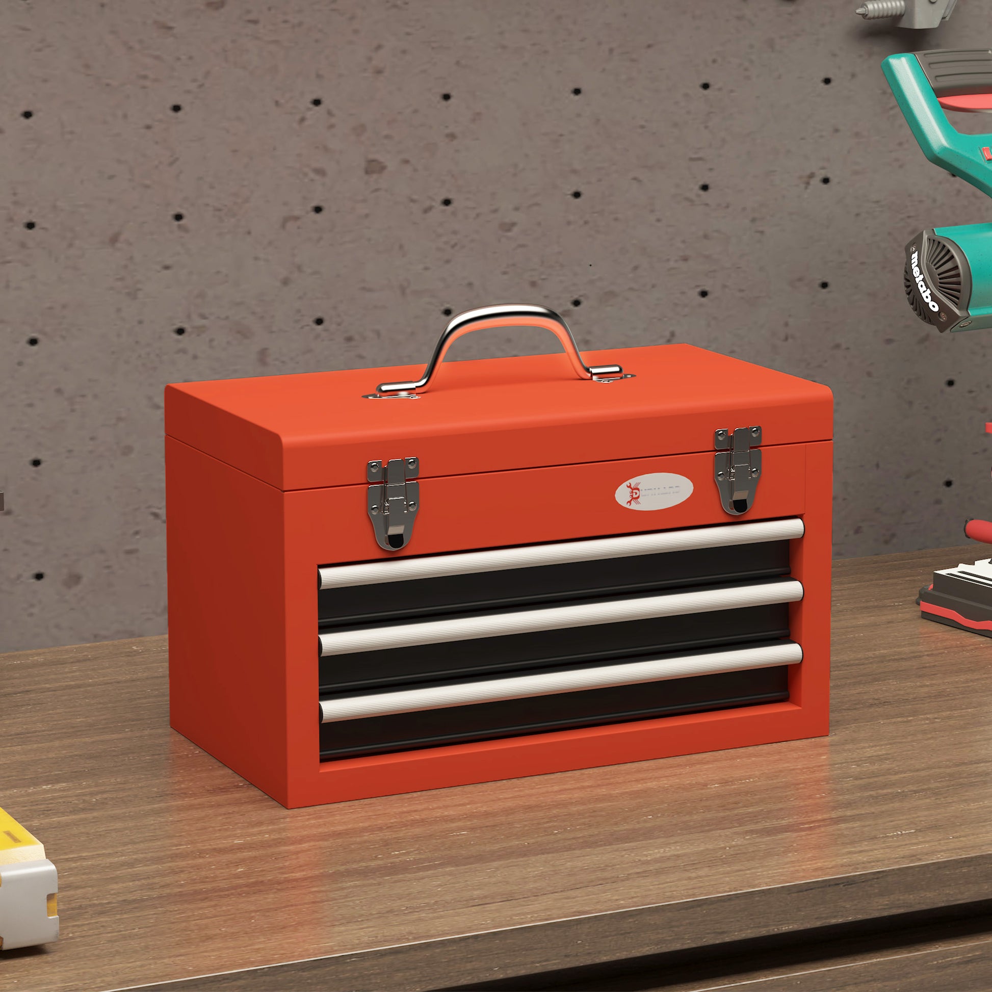 empty tool box, 45 x 24 x 27 cm tool chest with 3 drawers, upper storage compartment, handle, tool box with 2 locks, steel, red