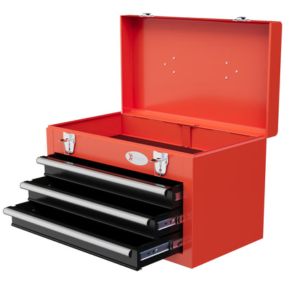 empty tool box, 45 x 24 x 27 cm tool chest with 3 drawers, upper storage compartment, handle, tool box with 2 locks, steel, red