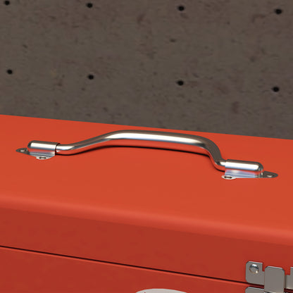 empty tool box, 45 x 24 x 27 cm tool chest with 3 drawers, upper storage compartment, handle, tool box with 2 locks, steel, red