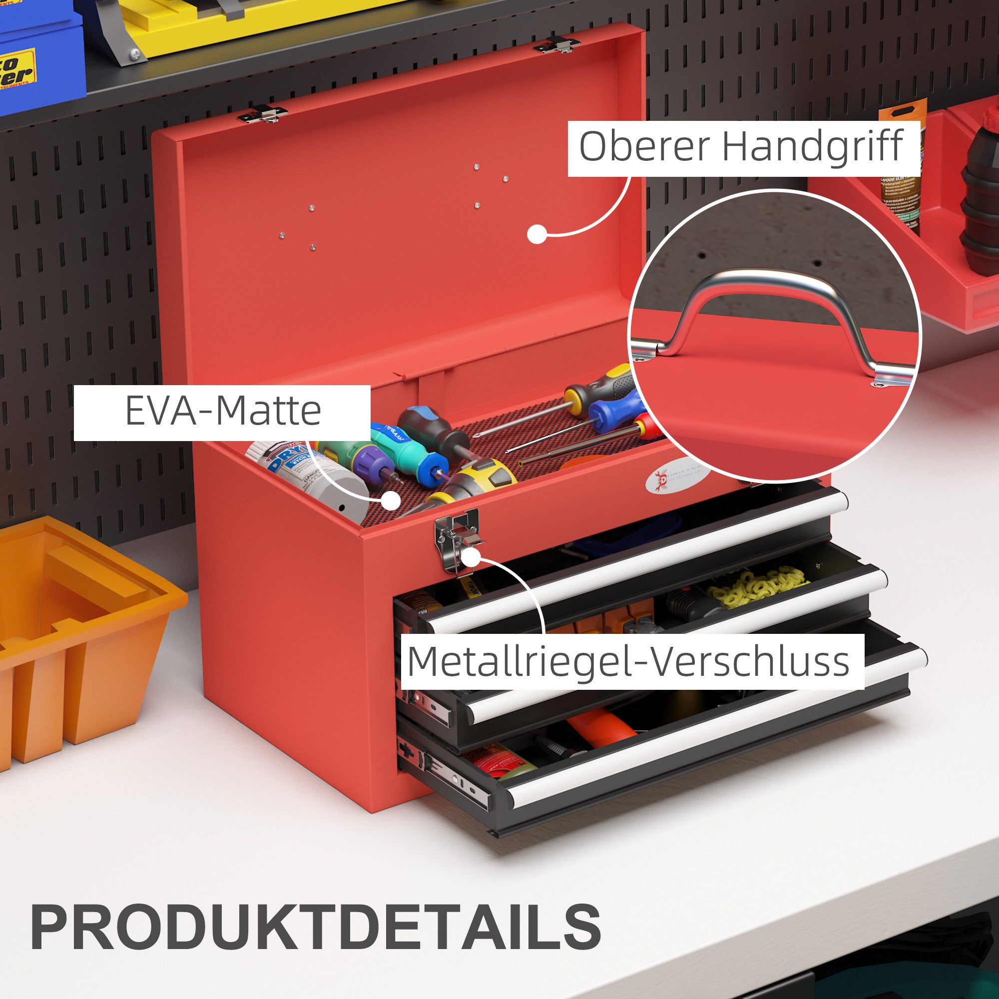 empty tool box, 45 x 24 x 27 cm tool chest with 3 drawers, upper storage compartment, handle, tool box with 2 locks, steel, red