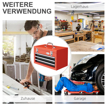 empty tool box, 45 x 24 x 27 cm tool chest with 3 drawers, upper storage compartment, handle, tool box with 2 locks, steel, red