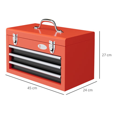 empty tool box, 45 x 24 x 27 cm tool chest with 3 drawers, upper storage compartment, handle, tool box with 2 locks, steel, red