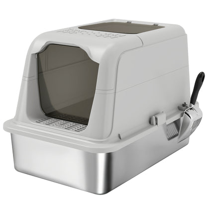 Covered Cat Litter Box with Stainless Steel Tray — Anti-Tracking, Leak-Resistant, Easy-Clean; For Large Cats up to 8 kg (17.6 lb), 60.4 x 40.4 x 41.8 cm (23.8 x 15.9 x 16.5 in), Light Gray & Black