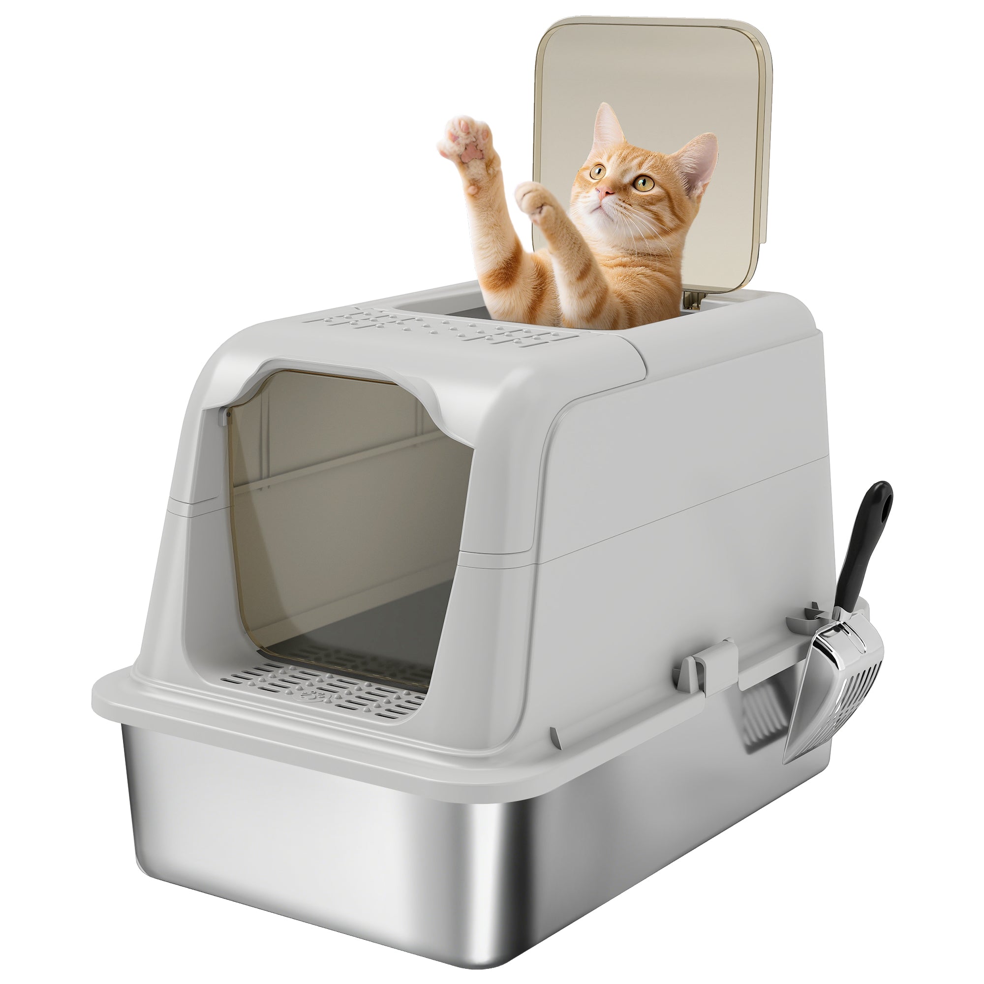 Covered Cat Litter Box with Stainless Steel Tray — Anti-Tracking, Leak-Resistant, Easy-Clean; For Large Cats up to 8 kg (17.6 lb), 60.4 x 40.4 x 41.8 cm (23.8 x 15.9 x 16.5 in), Light Gray & Black