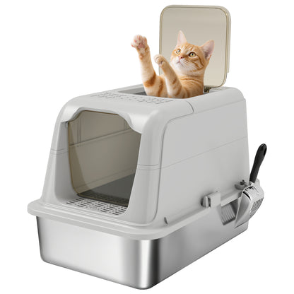 Covered Cat Litter Box with Stainless Steel Tray — Anti-Tracking, Leak-Resistant, Easy-Clean; For Large Cats up to 8 kg (17.6 lb), 60.4 x 40.4 x 41.8 cm (23.8 x 15.9 x 16.5 in), Light Gray & Black