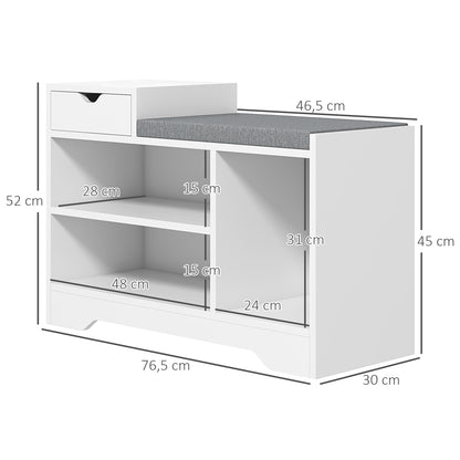 Shoe Bench, Storage Bench, 1 Drawer and 3 Compartments, Entryway Furniture with Padded Cushion, for Hallway, Entryway, Bedroom, 76.5 x 30 x 52 cm, White
