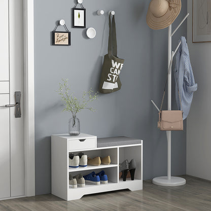 Shoe Bench, Storage Bench, 1 Drawer and 3 Compartments, Entryway Furniture with Padded Cushion, for Hallway, Entryway, Bedroom, 76.5 x 30 x 52 cm, White