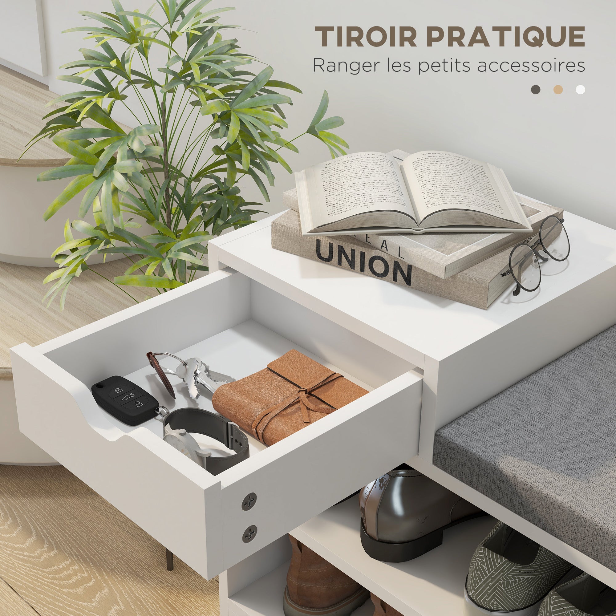 Shoe Bench, Storage Bench, 1 Drawer and 3 Compartments, Entryway Furniture with Padded Cushion, for Hallway, Entryway, Bedroom, 76.5 x 30 x 52 cm, White