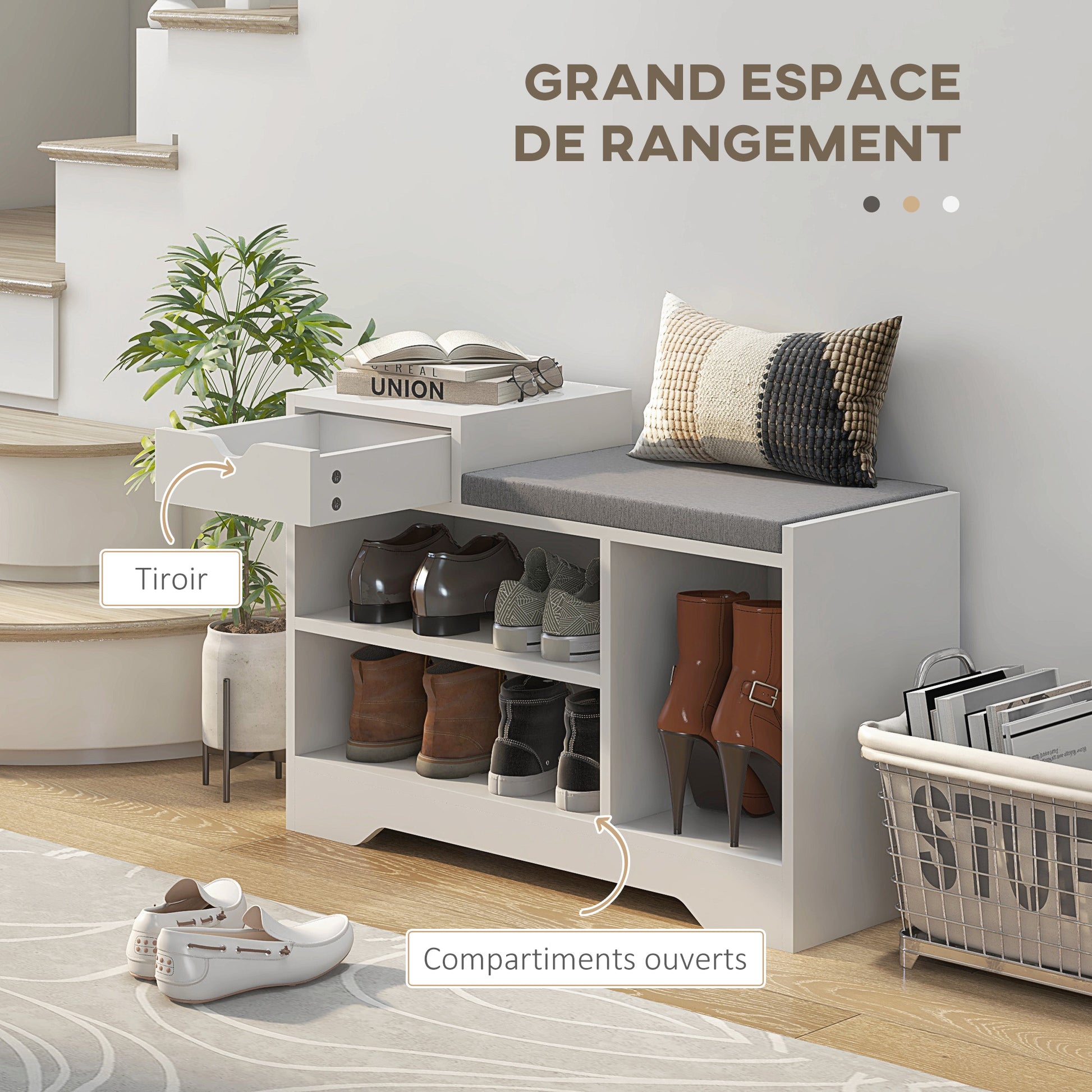 Shoe Bench, Storage Bench, 1 Drawer and 3 Compartments, Entryway Furniture with Padded Cushion, for Hallway, Entryway, Bedroom, 76.5 x 30 x 52 cm, White