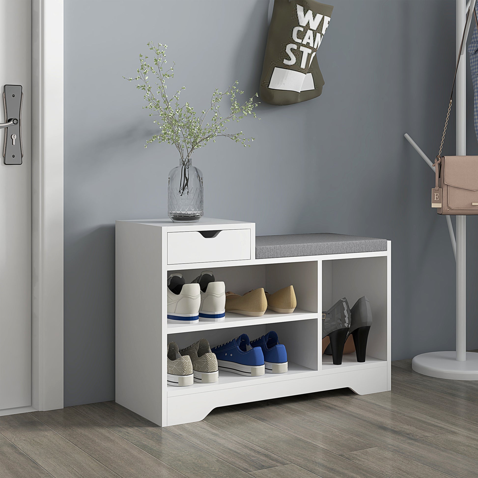 Shoe Bench, Storage Bench, 1 Drawer and 3 Compartments, Entryway Furniture with Padded Cushion, for Hallway, Entryway, Bedroom, 76.5 x 30 x 52 cm, White