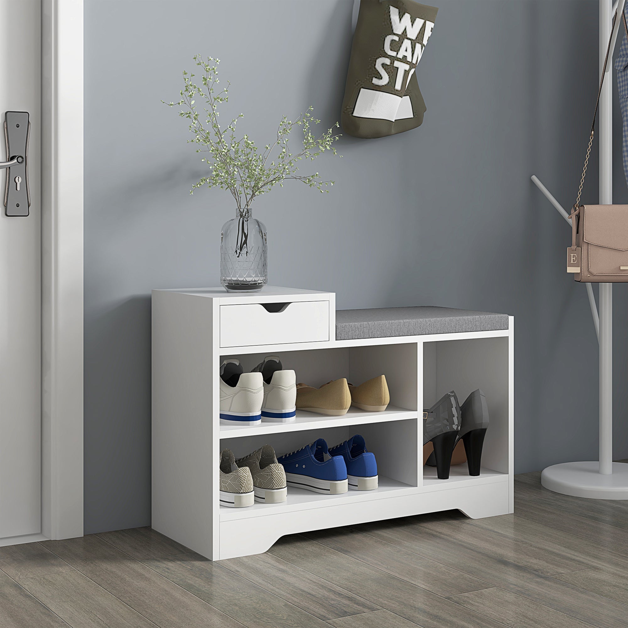 Shoe Bench, Storage Bench, 1 Drawer and 3 Compartments, Entryway Furniture with Padded Cushion, for Hallway, Entryway, Bedroom, 76.5 x 30 x 52 cm, White