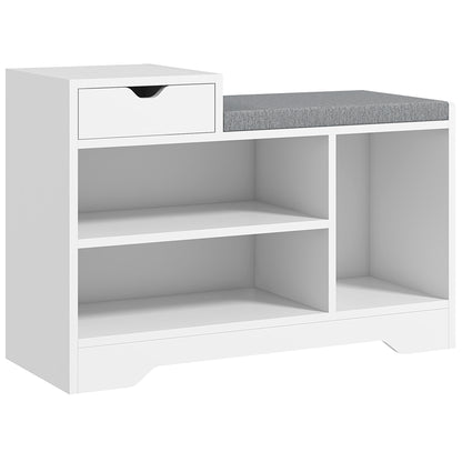 Shoe Bench, Storage Bench, 1 Drawer and 3 Compartments, Entryway Furniture with Padded Cushion, for Hallway, Entryway, Bedroom, 76.5 x 30 x 52 cm, White