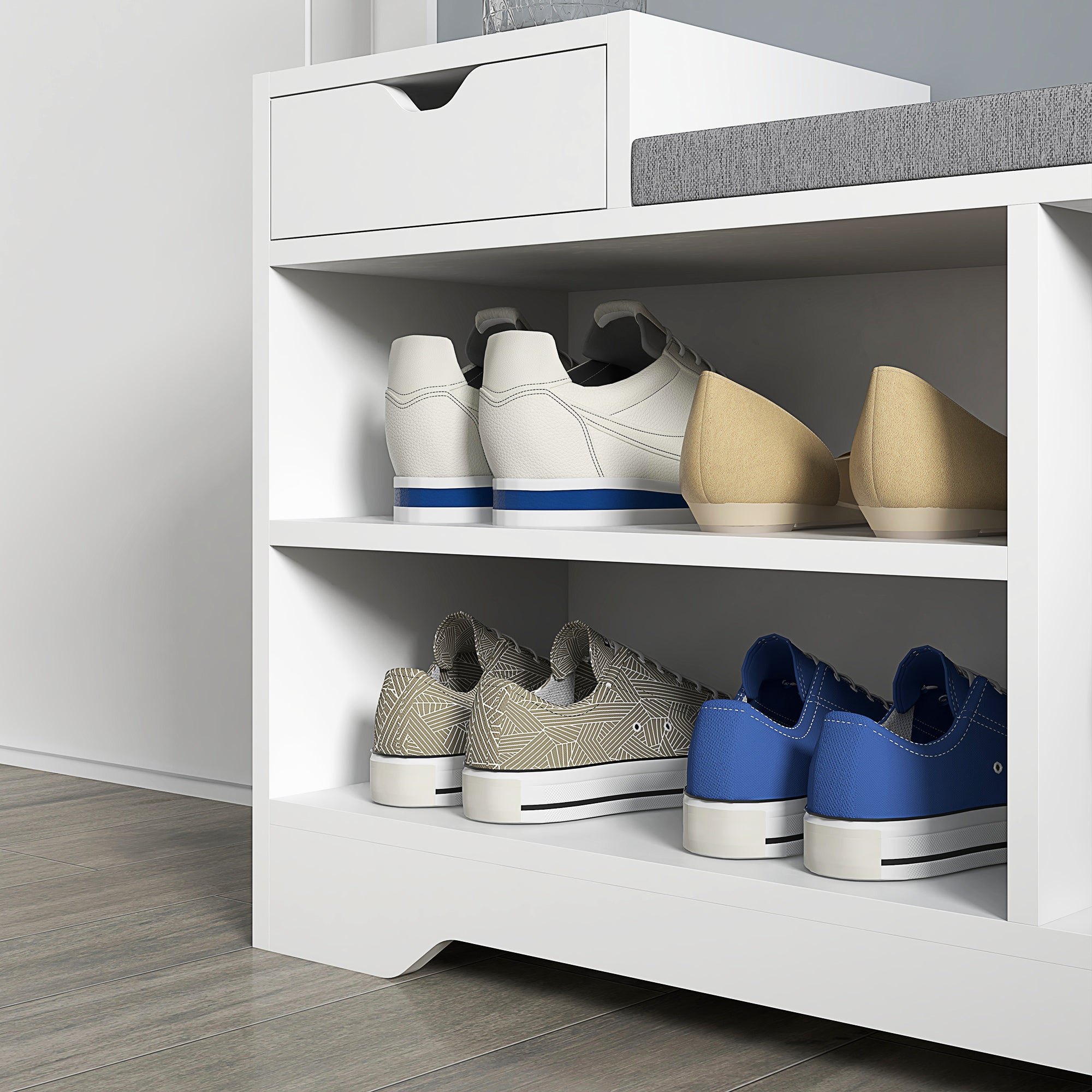 Shoe Bench, Storage Bench, 1 Drawer and 3 Compartments, Entryway Furniture with Padded Cushion, for Hallway, Entryway, Bedroom, 76.5 x 30 x 52 cm, White