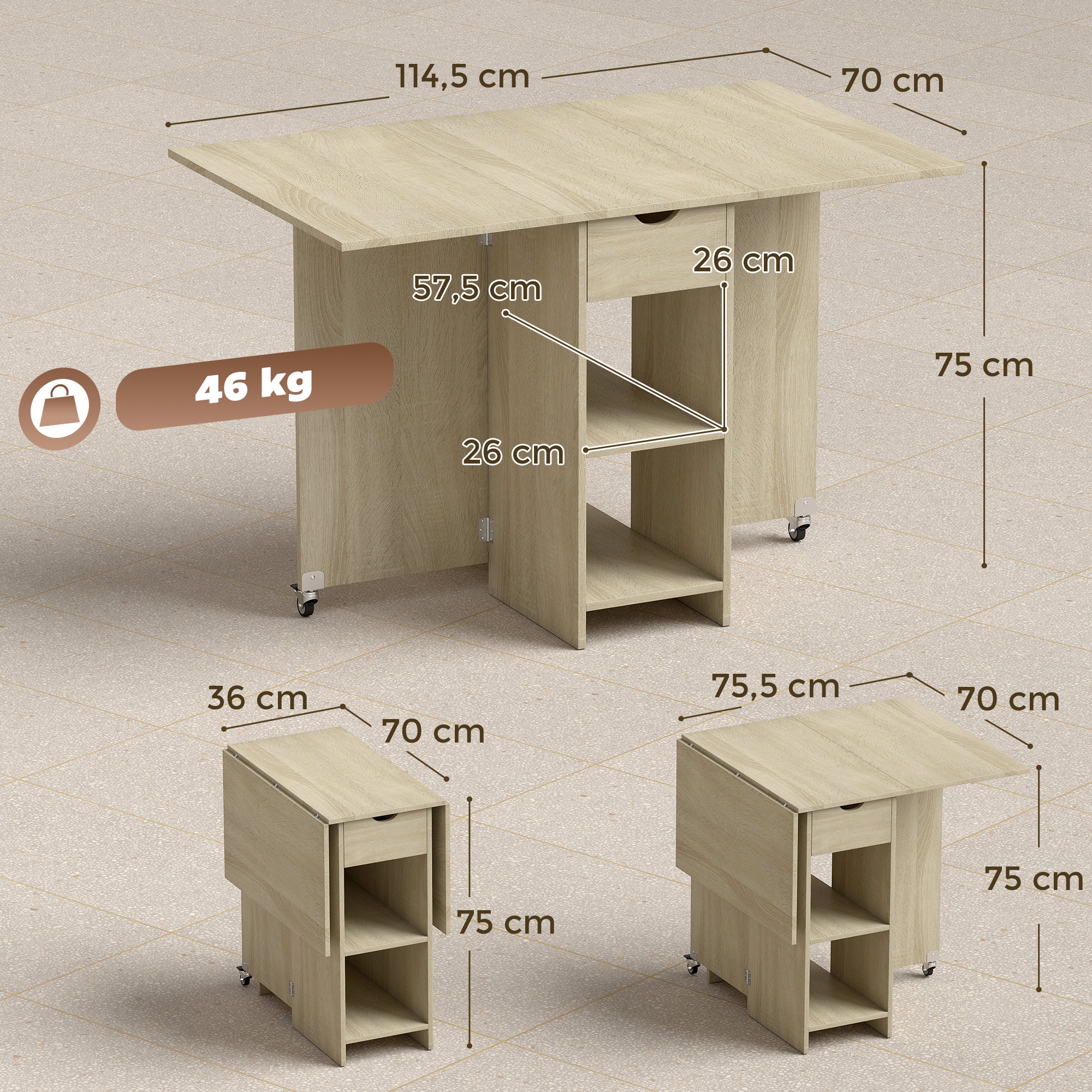 Foldable Dining Table with Drawer and 2 Shelves, Seats 2–4, Modern Space-Saving Kitchen/Dining Table, Natural Wood, 114.5 x 70 x 75 cm (45.1 x 27.6 x 29.5 in)