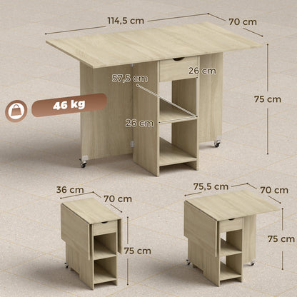 Foldable Dining Table with Drawer and 2 Shelves, Seats 2–4, Modern Space-Saving Kitchen/Dining Table, Natural Wood, 114.5 x 70 x 75 cm (45.1 x 27.6 x 29.5 in)