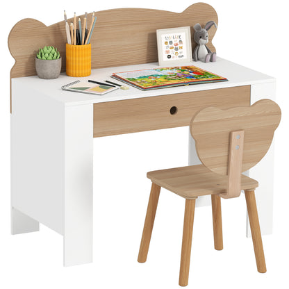 Kids Desk with Bear-Shaped Chair Children's Desk with Drawer for Studying Reading and Drawing Kids Table for Bedroom Study Room Natural