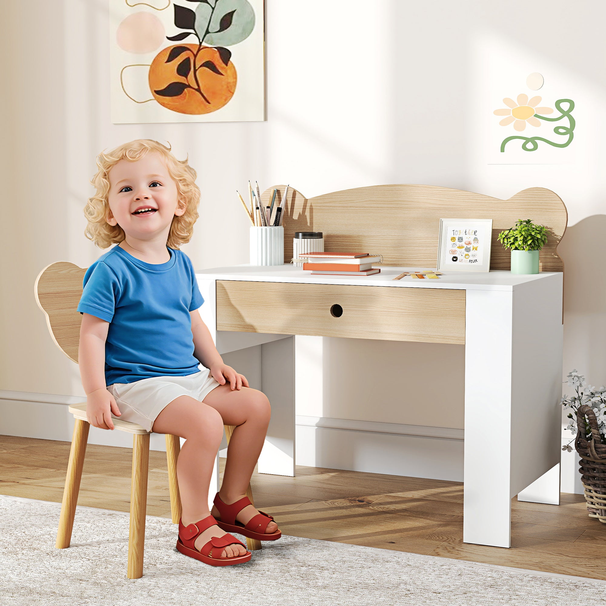 Kids Desk with Bear-Shaped Chair Children's Desk with Drawer for Studying Reading and Drawing Kids Table for Bedroom Study Room Natural