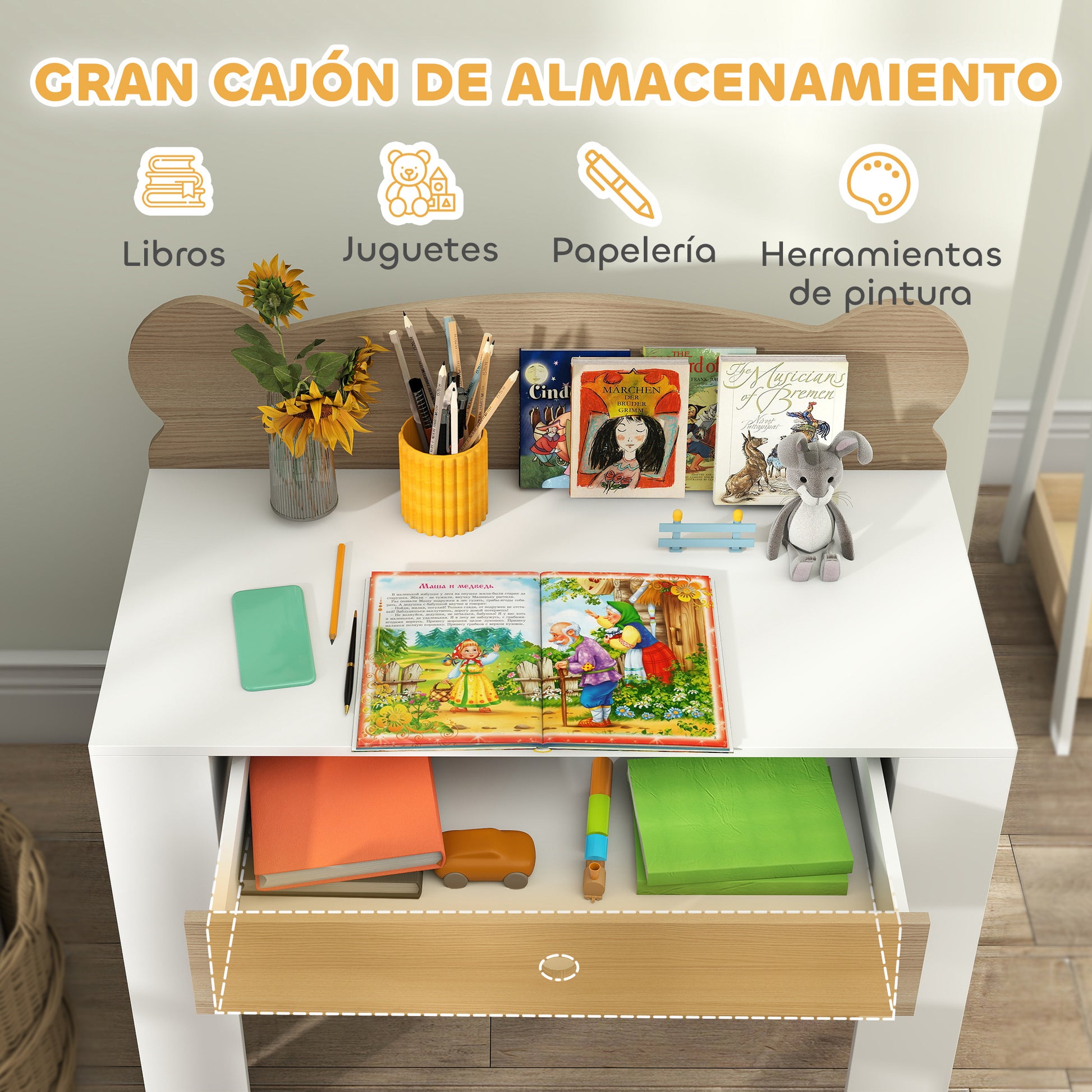 Kids Desk with Bear-Shaped Chair Children's Desk with Drawer for Studying Reading and Drawing Kids Table for Bedroom Study Room Natural