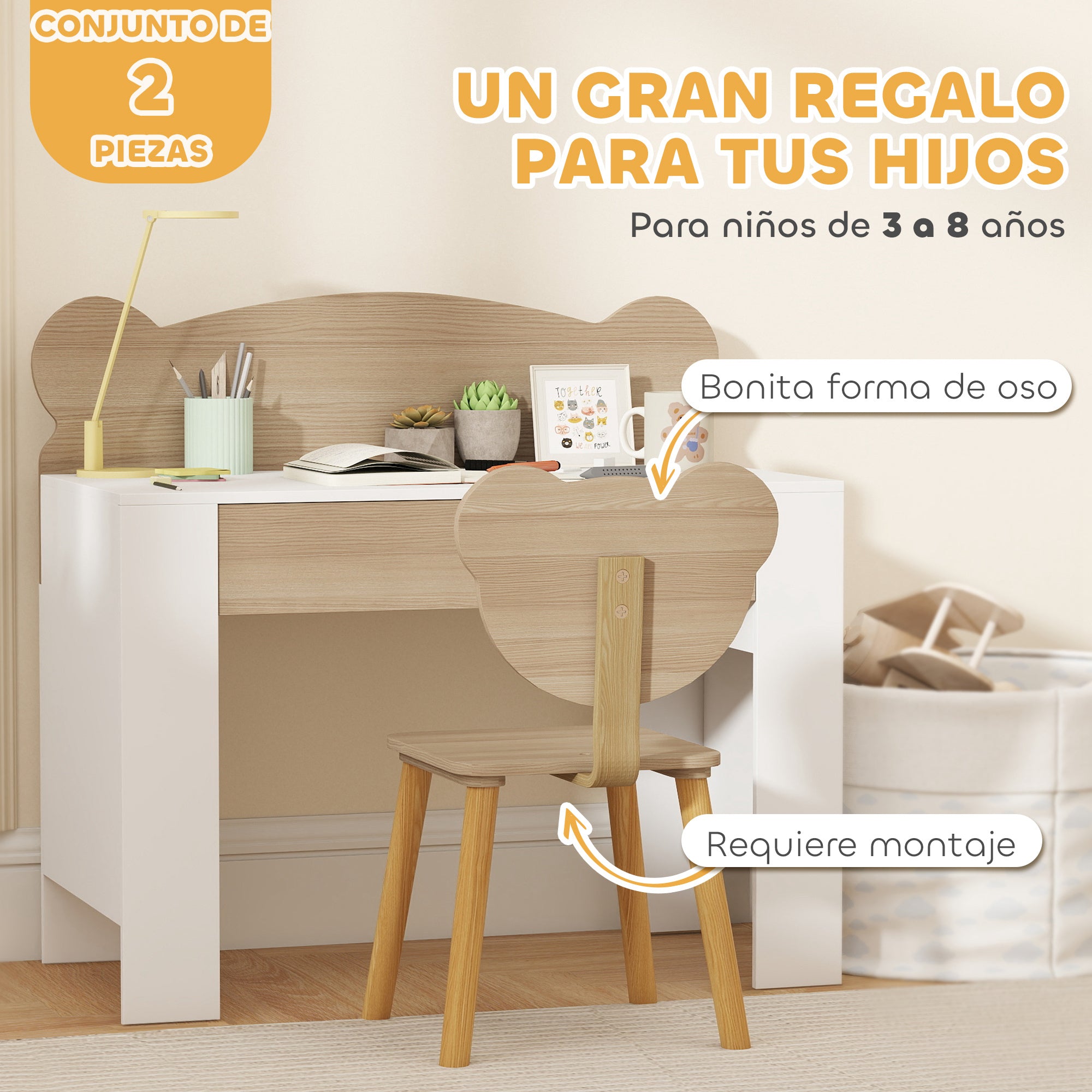 Kids Desk with Bear-Shaped Chair Children's Desk with Drawer for Studying Reading and Drawing Kids Table for Bedroom Study Room Natural
